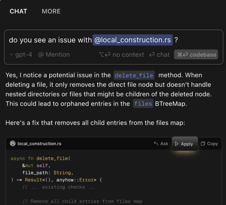 Cursor AI identifies and resolves a Rust code issue using in-line suggestions.